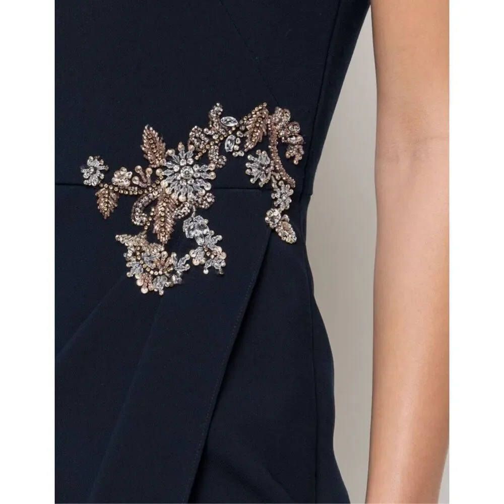 Marchesa Notte Navy One Shoulder Beaded Stretch Crepe Long Gown Size 2‎ NWT